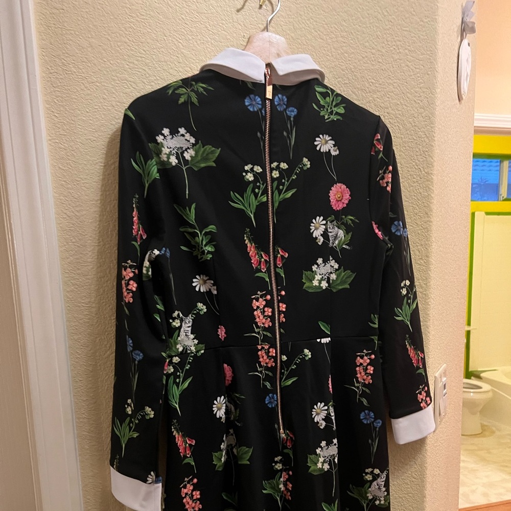 Worn once! Ted Baker skater dress size 3. Black w/ flowers, white cuffs &collar